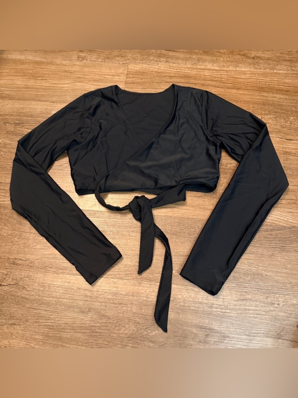 Women’s Black Long-Sleeve Wrap Swim Top with Tie Front